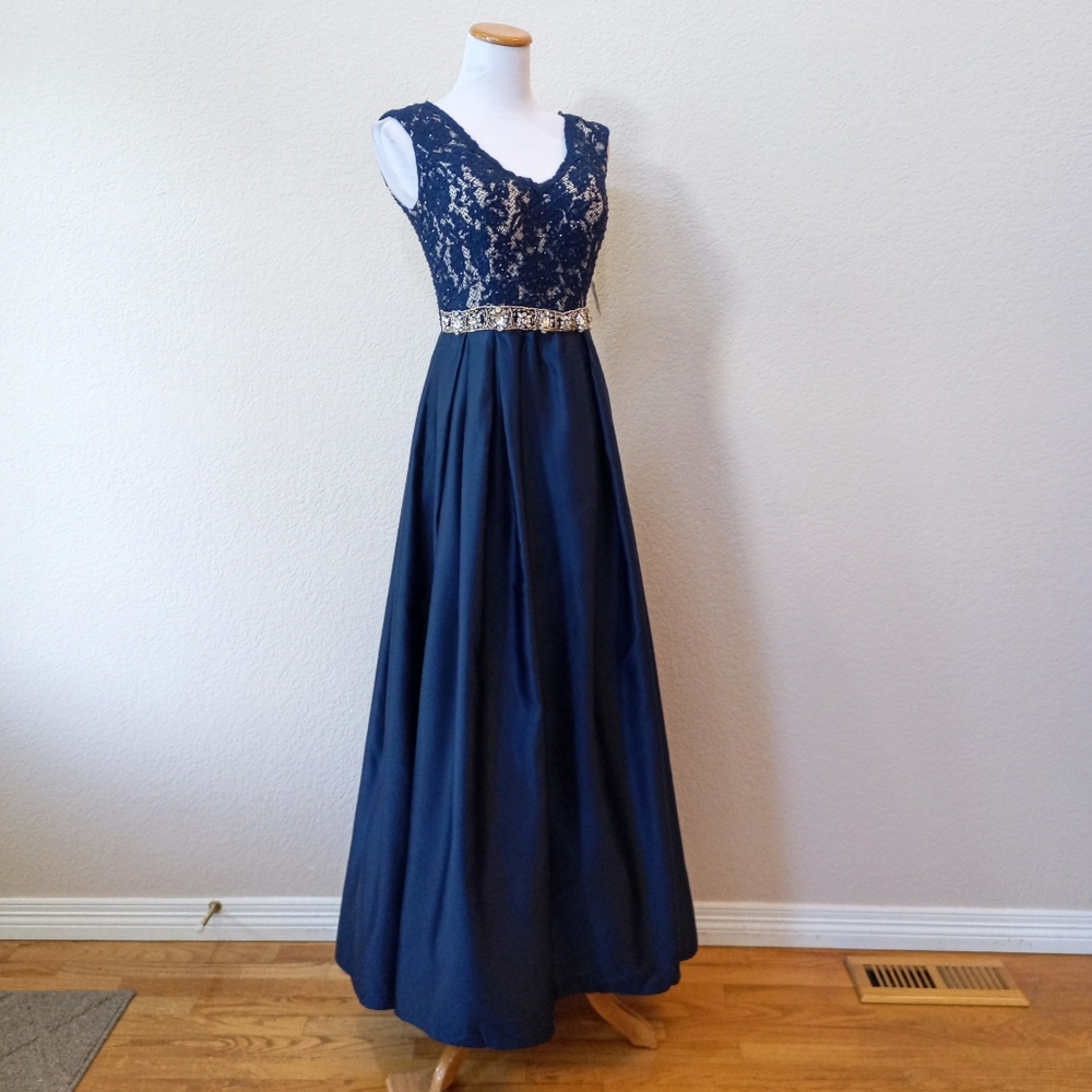 Cachet lace and satin navy blue jeweled waistband gown - Picture 13 of 13